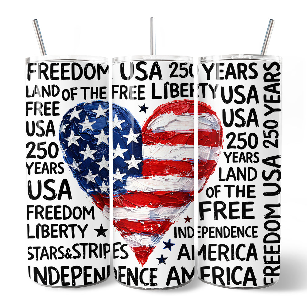 USA 250 Heart Patriotic 20oz Stainless Steel Travel Tumbler