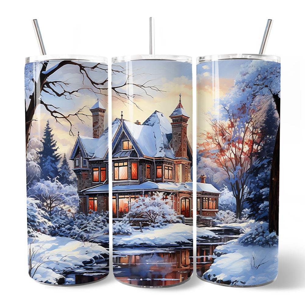 Watercolor Snowy Victorian Mansion 20oz Stainless Steel Tumbler