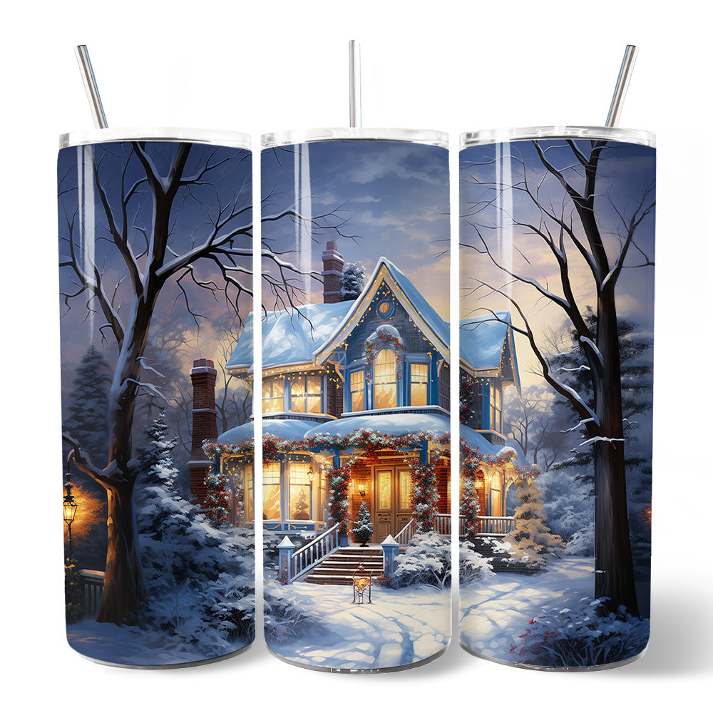 Watercolor Winter Christmas House 20oz Stainless Steel Tumbler