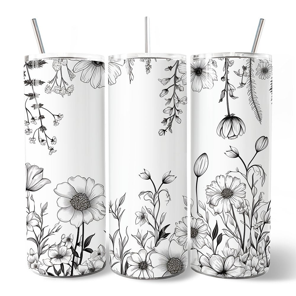 White and Black Wild Flowers 20oz Travel Mug with Lid and Straw