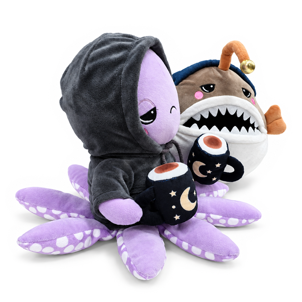 Lumi Anglerfish and Inky Octopus Plush Set, 9.7" Deep Sea Stuffed Animal Friends with Cocoa Mugs