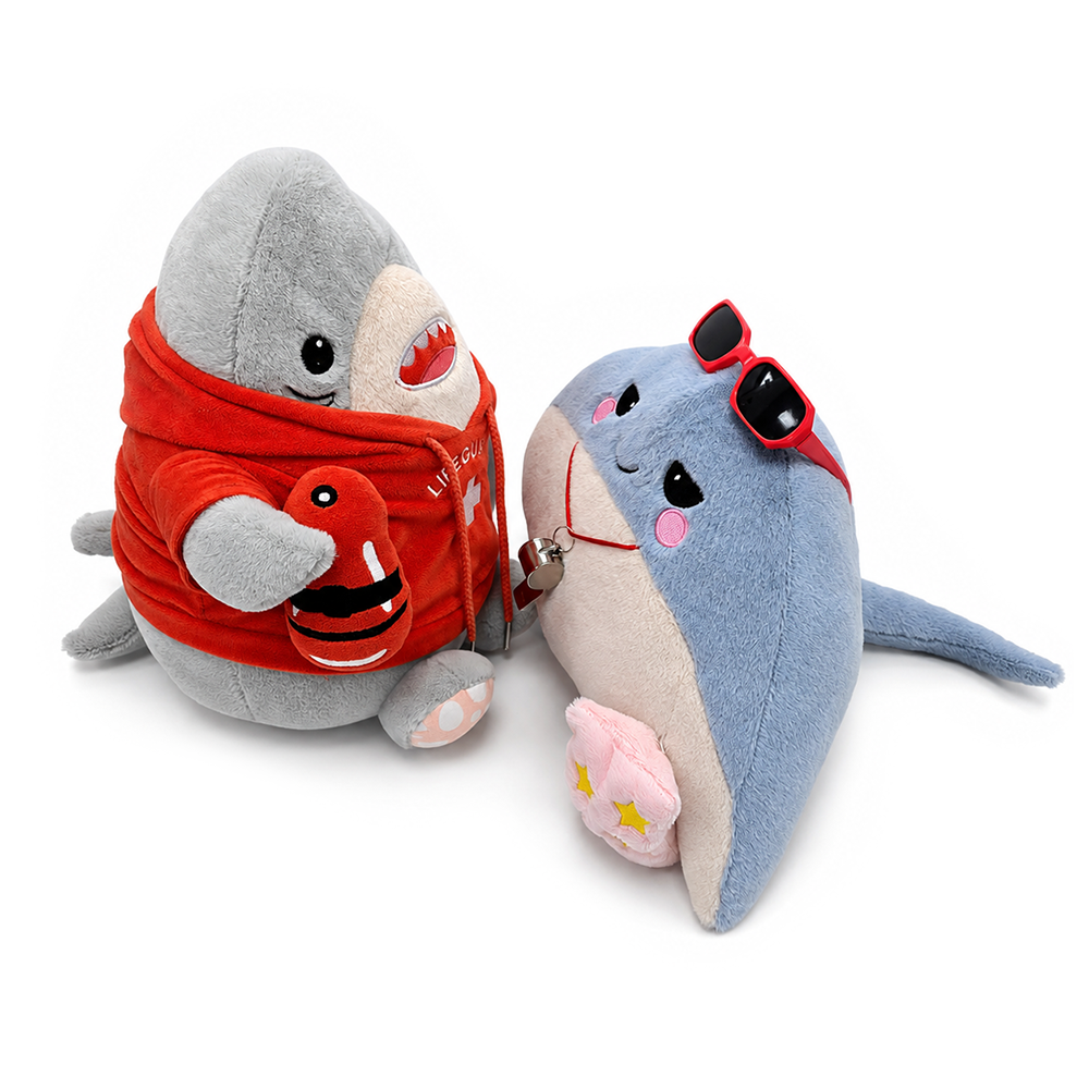Finn Shark and Ray Stingray Lifeguard Plushie Set, 10.5" Funny Ocean Stuffed Animal Gift for Sea Life Lovers