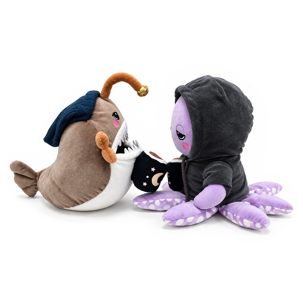 Lumi Anglerfish and Inky Octopus Plush Set, 9.7" Deep Sea Stuffed Animal Friends with Cocoa Mugs