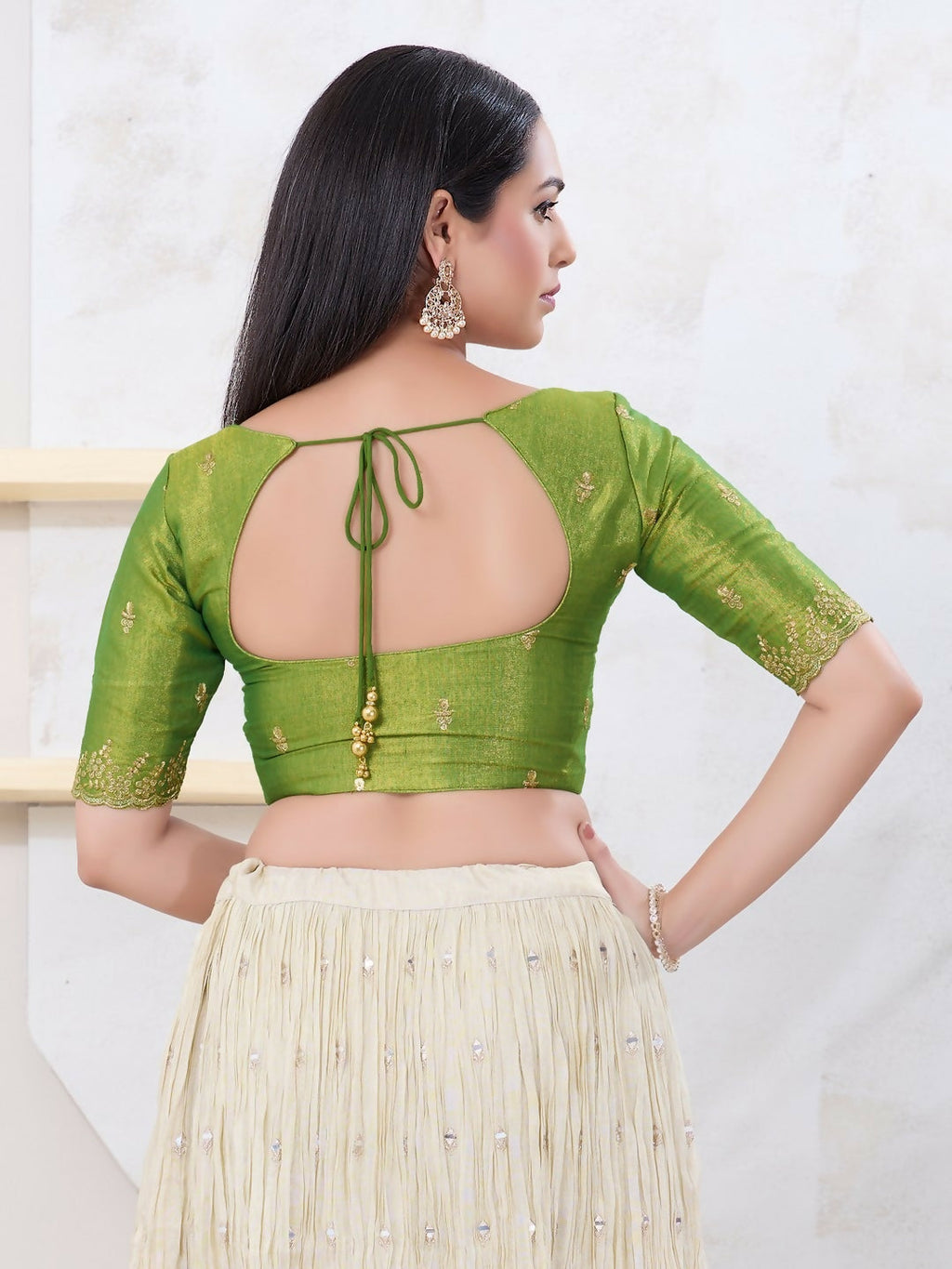 Green Shimmer Elbow Sleeveless Round Neck Front Open Blouse