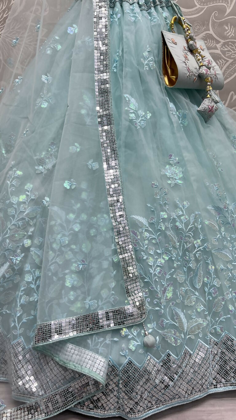 Sky Blue Bridal Net Wedding Lehenga Choli with Sequins Embroidery