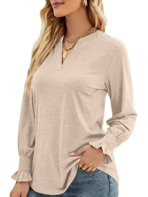Women Long Sleeve V-Neck Lightweight Sweatshirt with Smocked Cuffs - Image 41