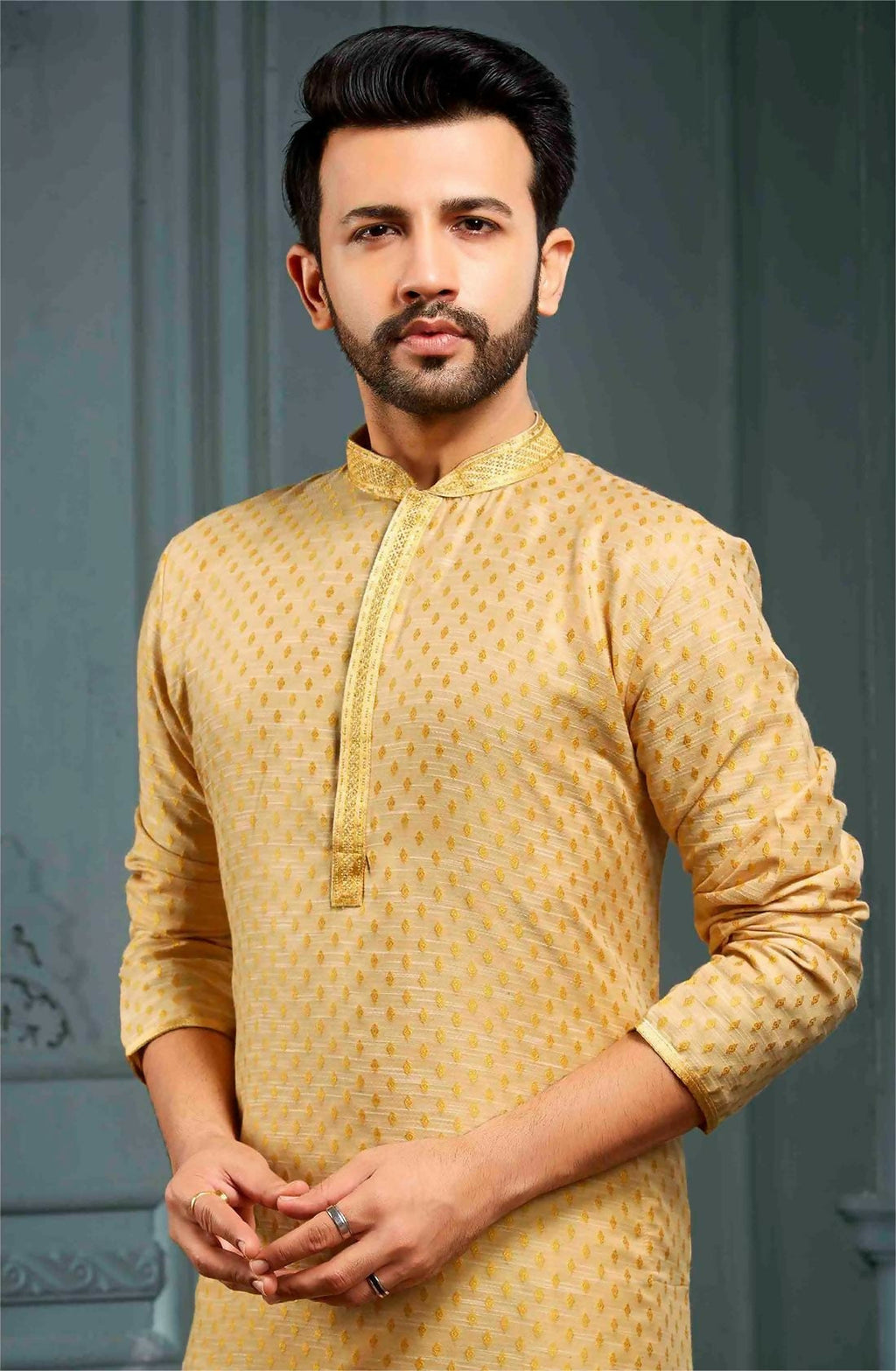 Yellow Poly Jacquard Kurta Pajama for Boys Traditional Wear