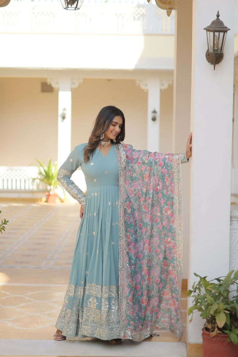 Sky Blue Faux Georgette Anarkali Dress with Sequins & Zari Work