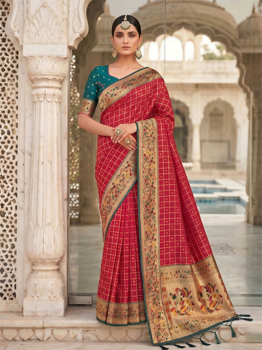 Rani pink banarasi silk blend saree with traditional weave details