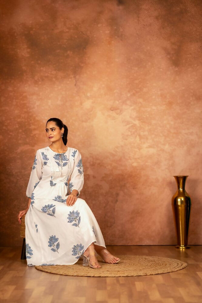 Blue Floral Hand Block Printed Cotton Kurta and Pant Set