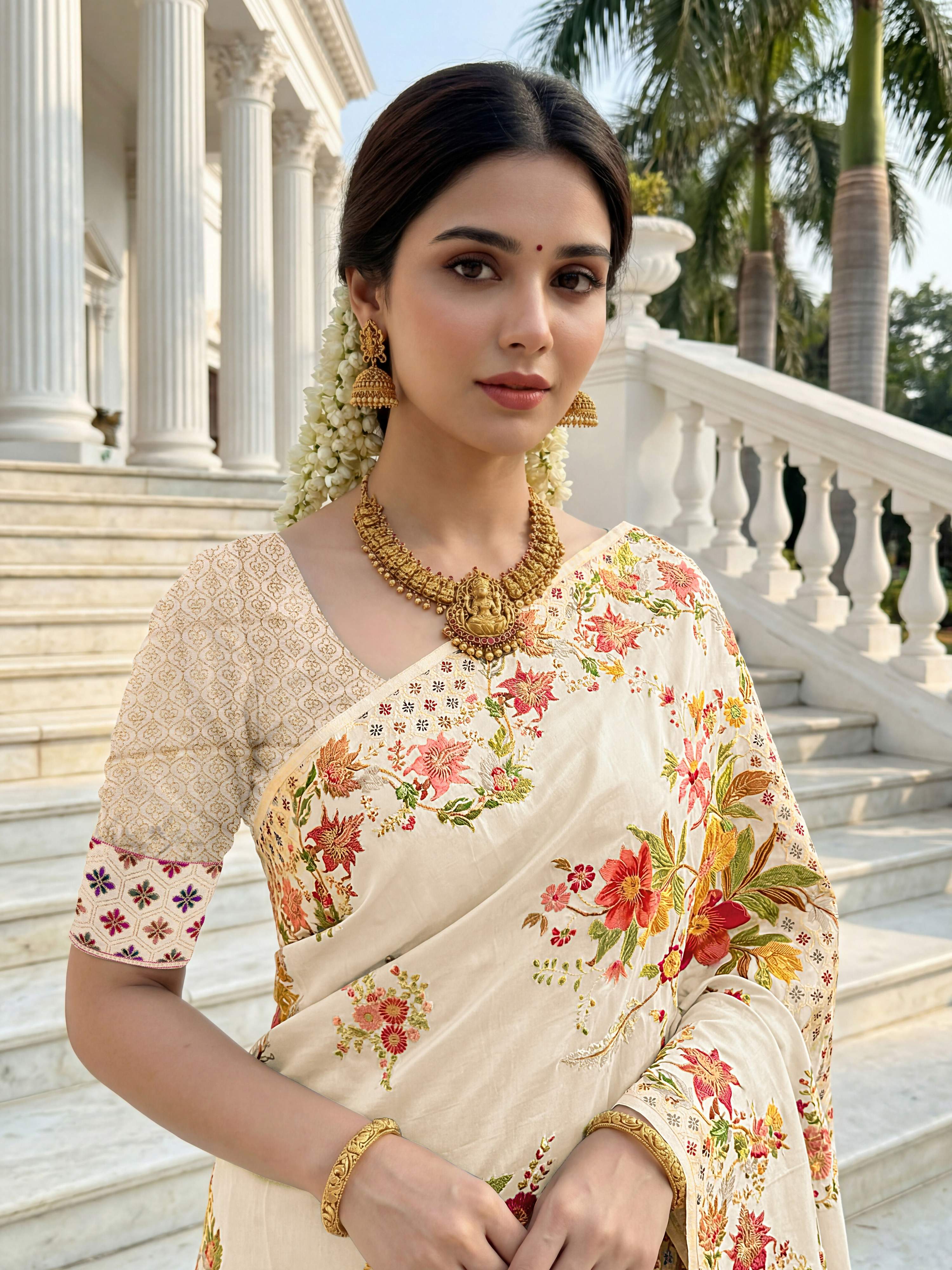 Cream Premium Russian Silk Designer Floral Saree