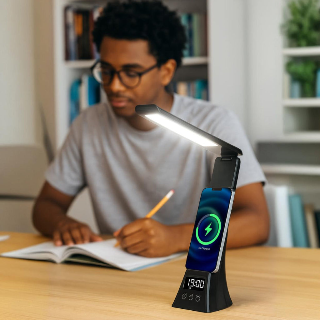 2-in-1 Charging & Illumination Set – Wireless Charging Alarm Clock Speaker + LED Desk Lamp Charger