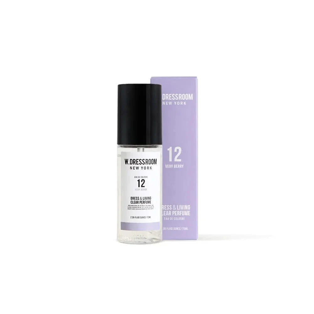 W.Dressroom No.12 Very Berry clear glass perfume bottle with black cap and lavender label