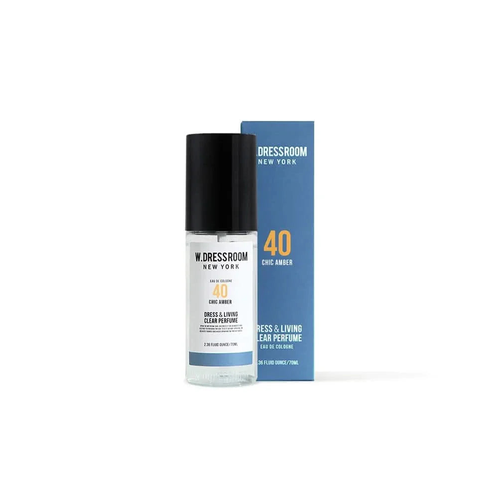 W.Dressroom No.40 Chic Amber perfume bottle, a 2.36 oz antibacterial fabric spray and fragrance.