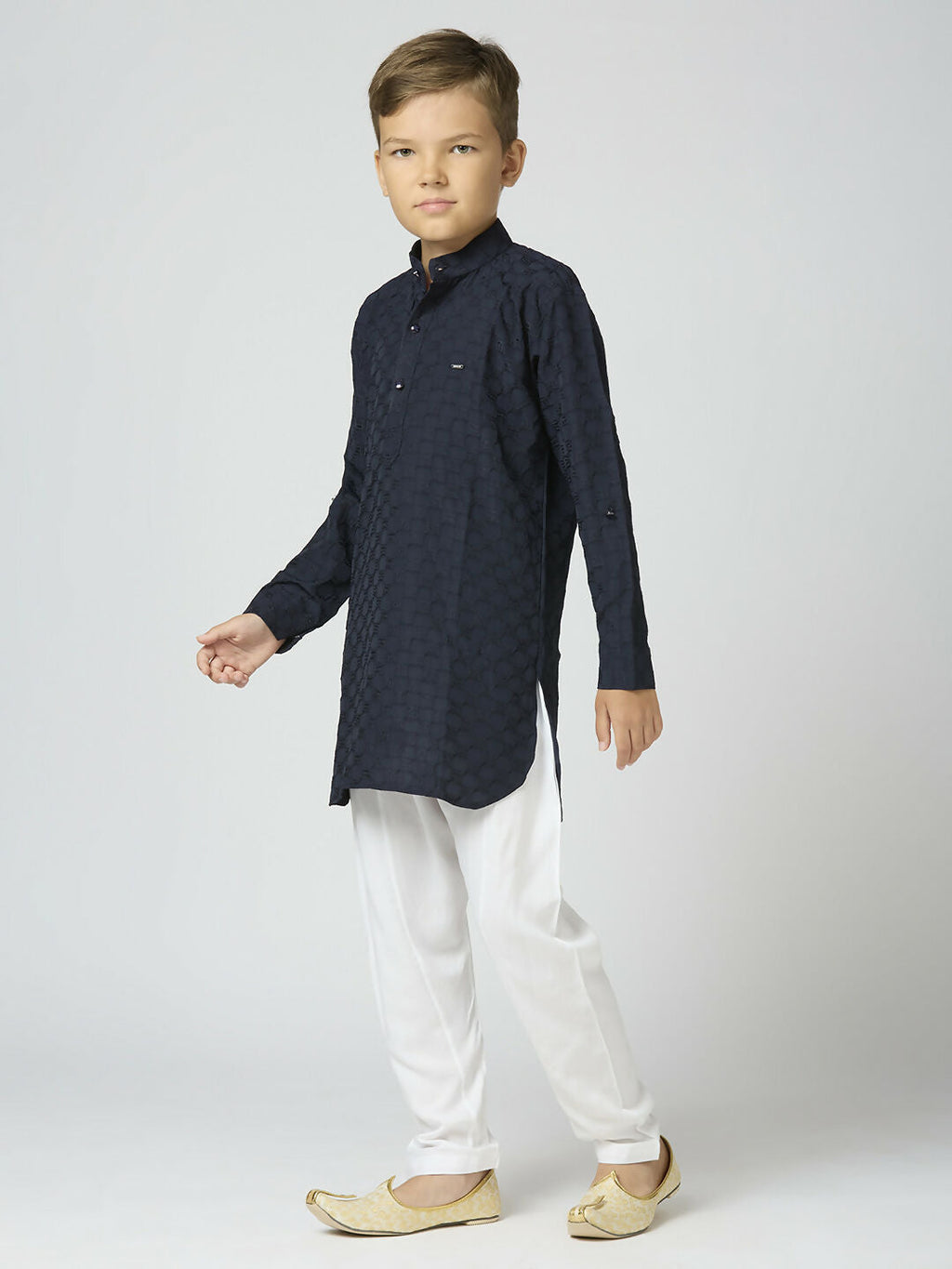 Boys Navy Blue Texture Cotton Kurta and Pyjama Festive Set