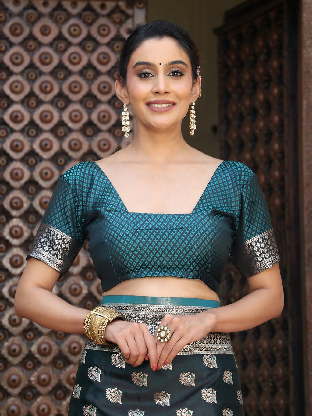 Teal Silk Saree with Matching Blouse Piece