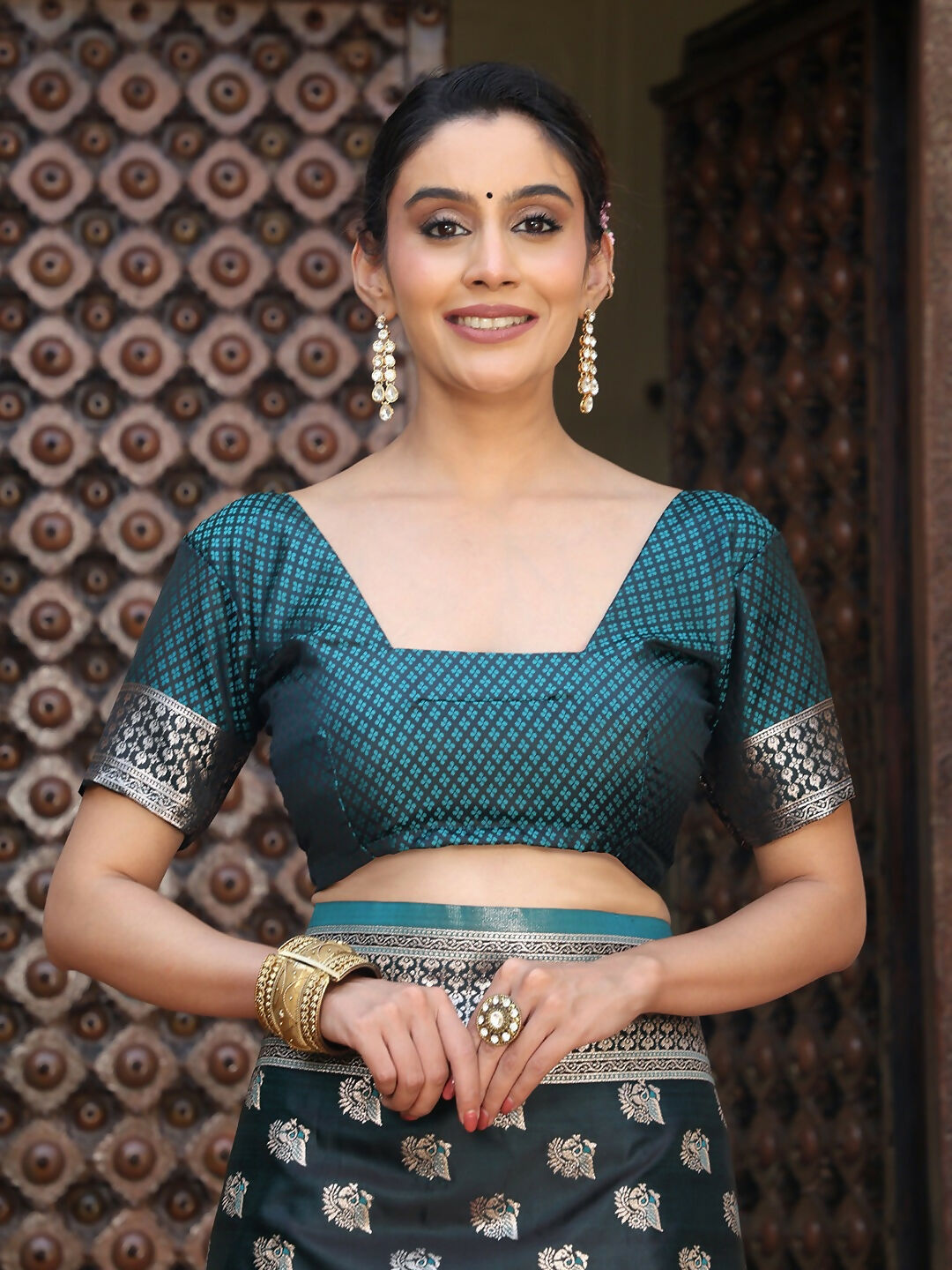Teal Silk Saree with Matching Blouse Piece