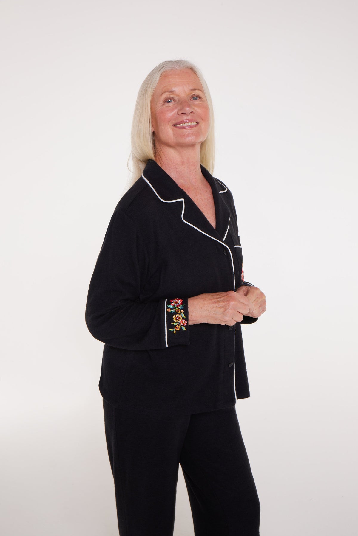 Women's Magnetic Long Sleeve Pajama Set in Black with Embroidery - Image 7