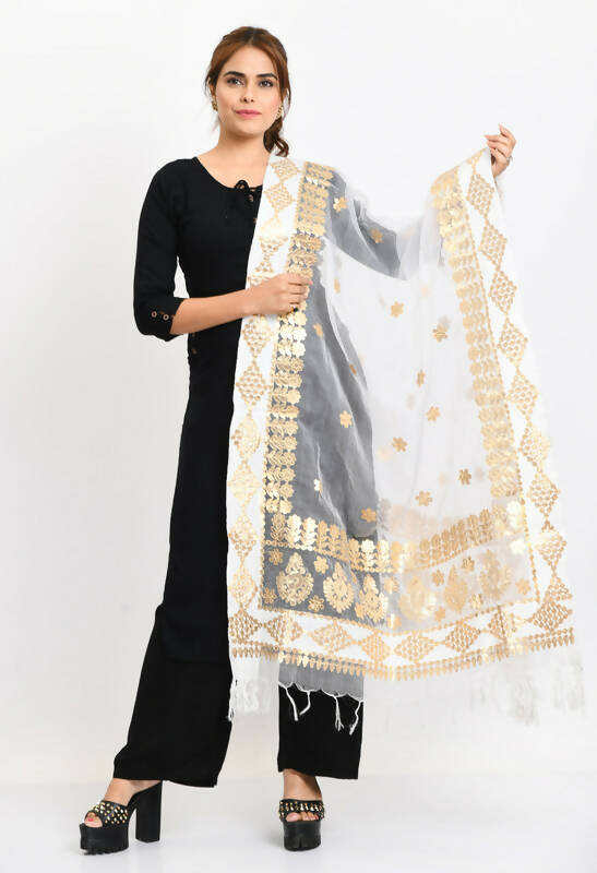 White organza bridal dupatta with gold Gotta Patti embroidery detailing