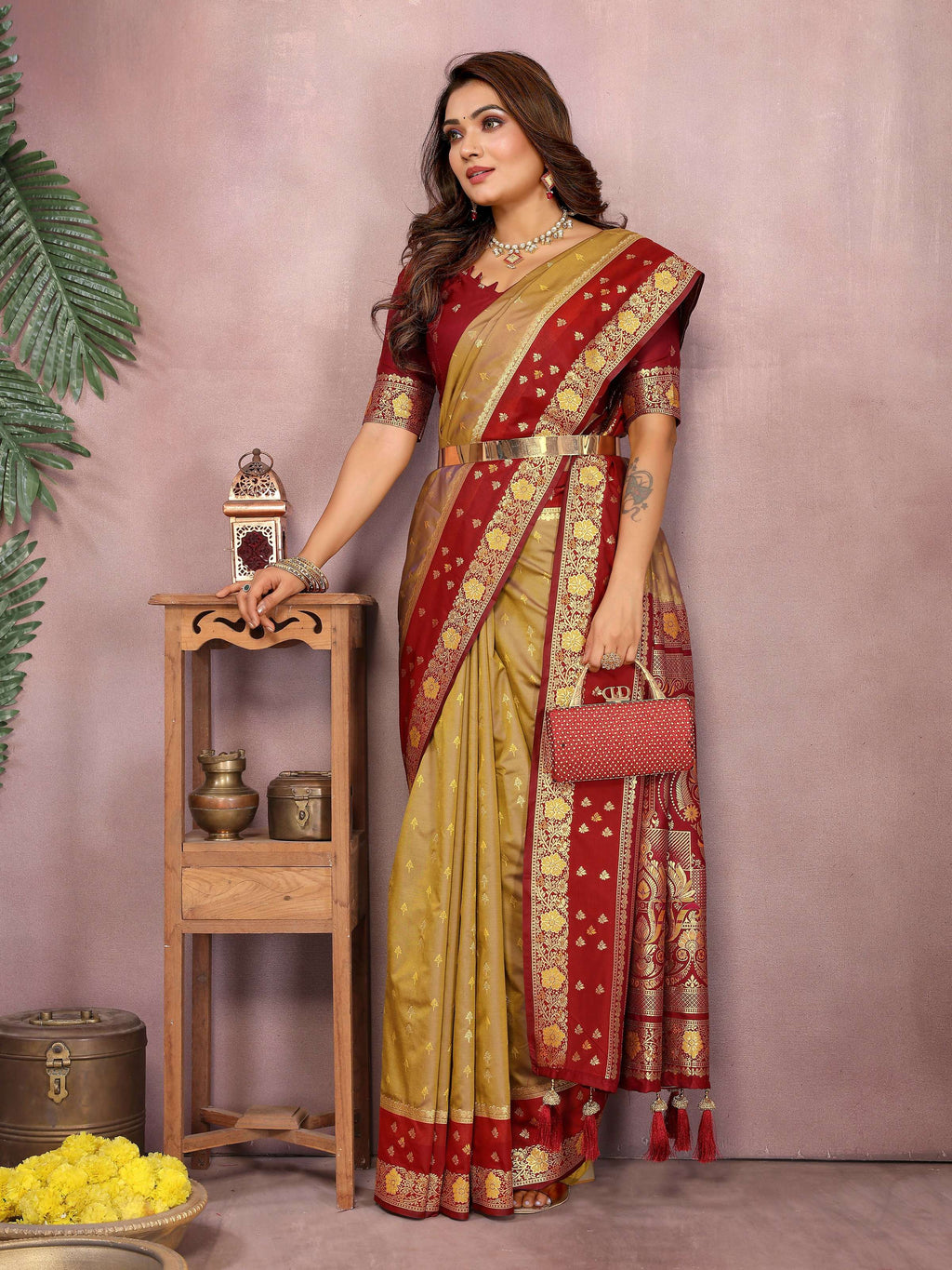 Mustard Kalamkari Silk Zari Woven Saree with Traditional Motifs