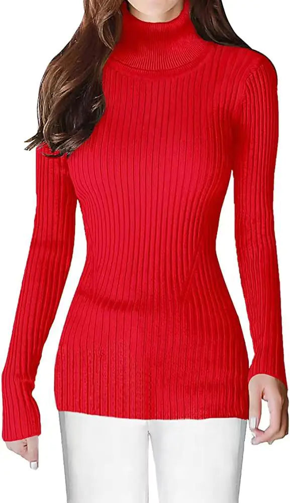 Women's High Neck Ribbed Sweater - Cozy Turtleneck