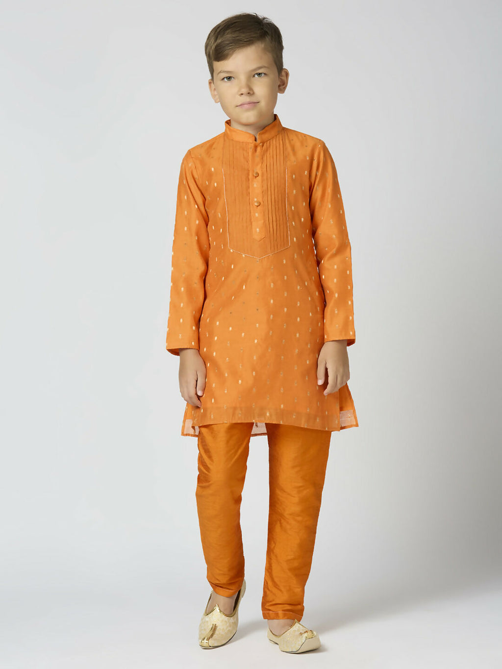 Boys Orange Chanderi Kurta Pyjama Set with Traditional Butta Work