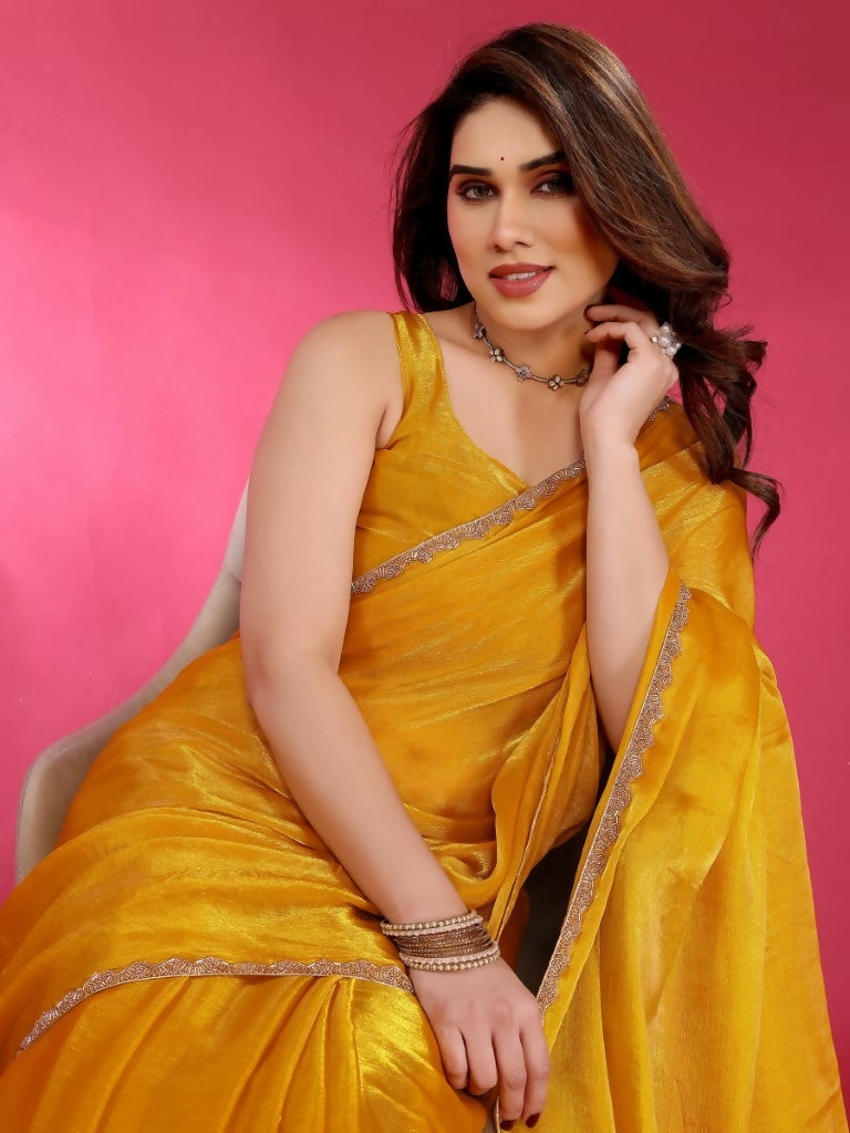 Yellow Jimmy Choo Fabric Saree with Work Lace Border