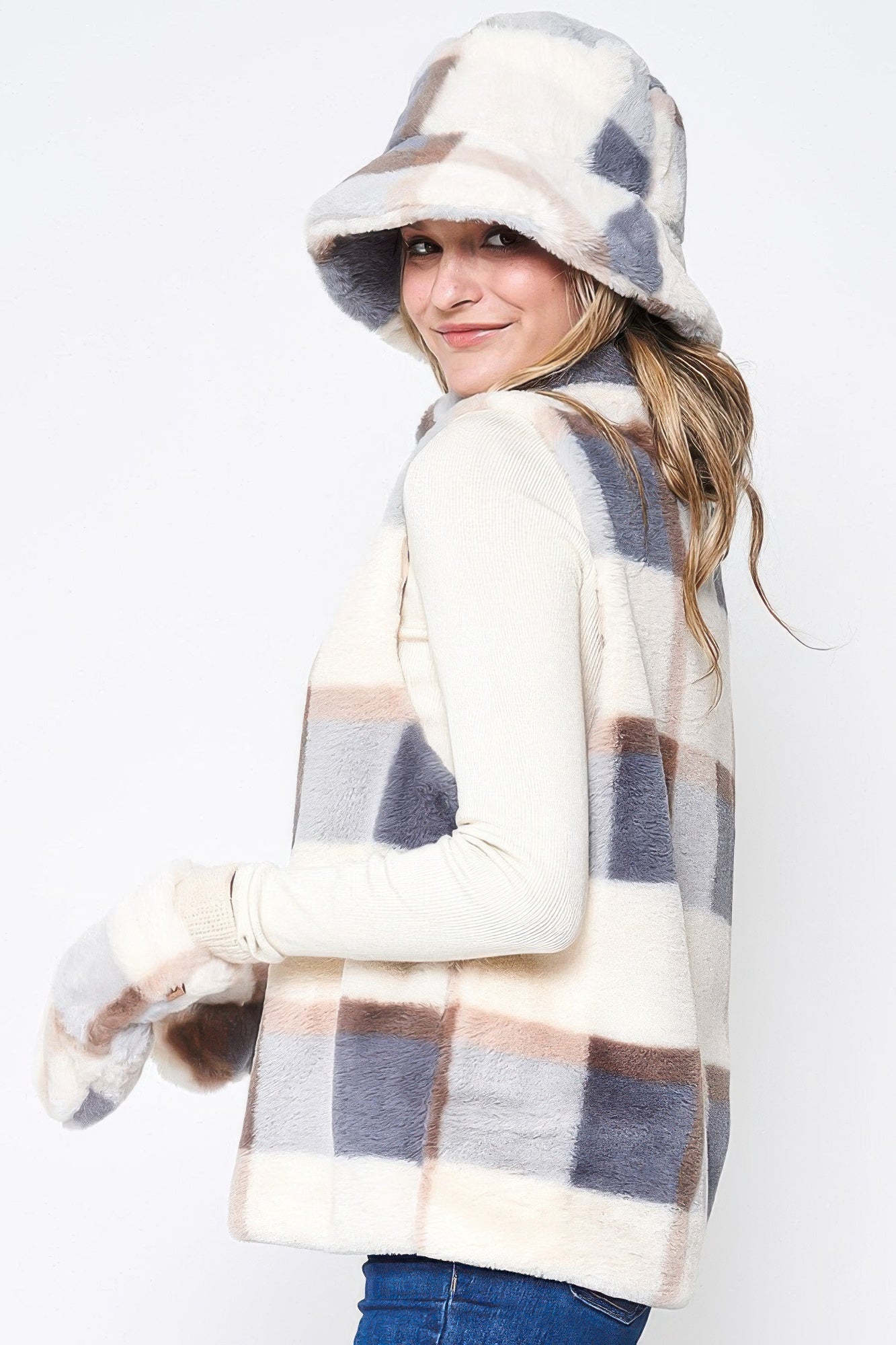 Women's Plaid Faux Fur Zip-Up Vest in Multi-Color - Image 2