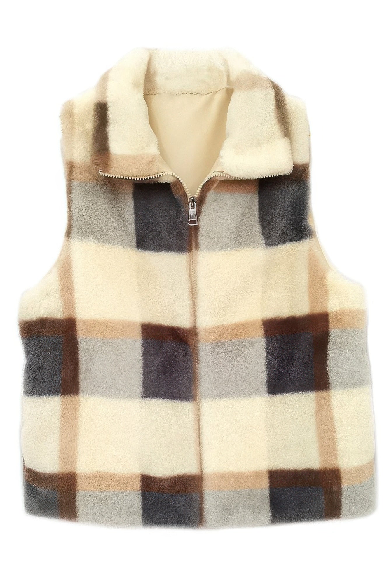 Women's Plaid Faux Fur Zip-Up Vest in Multi-Color - Image 3