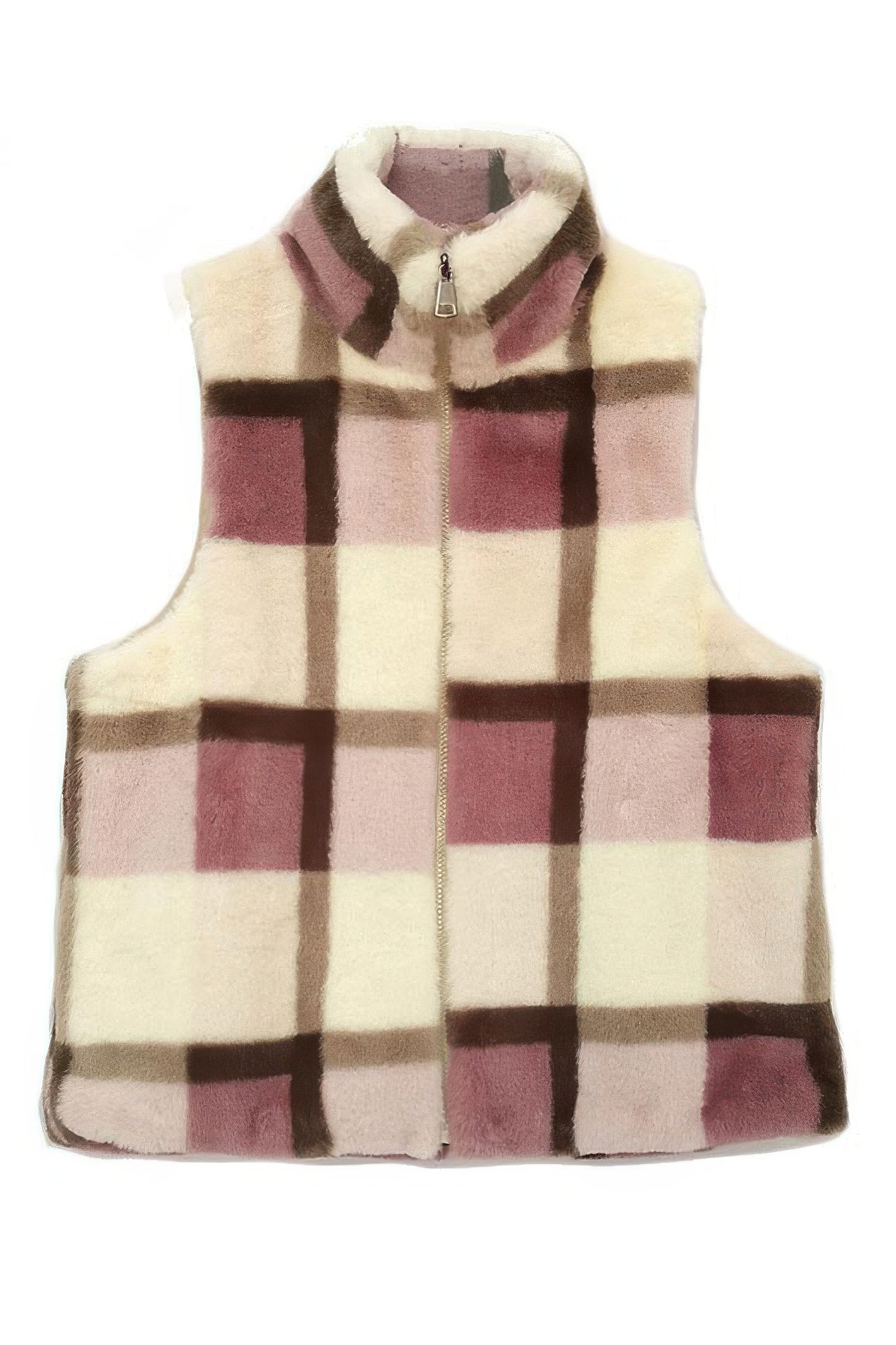 Women's Plaid Faux Fur Zip-Up Vest in Multi-Color - Image 5