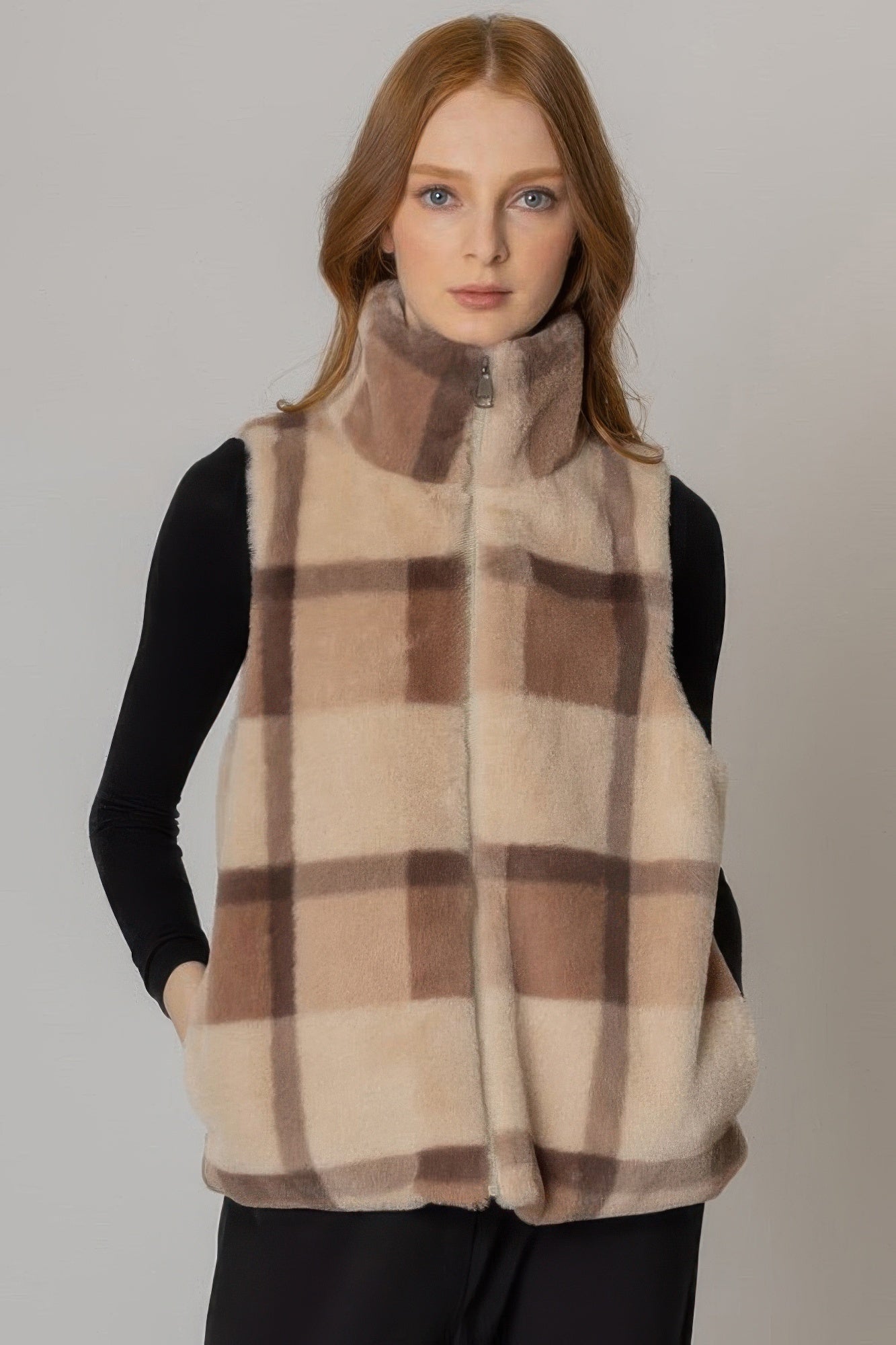 Women's Plaid Faux Fur Zip-Up Vest in Multi-Color - Image 6