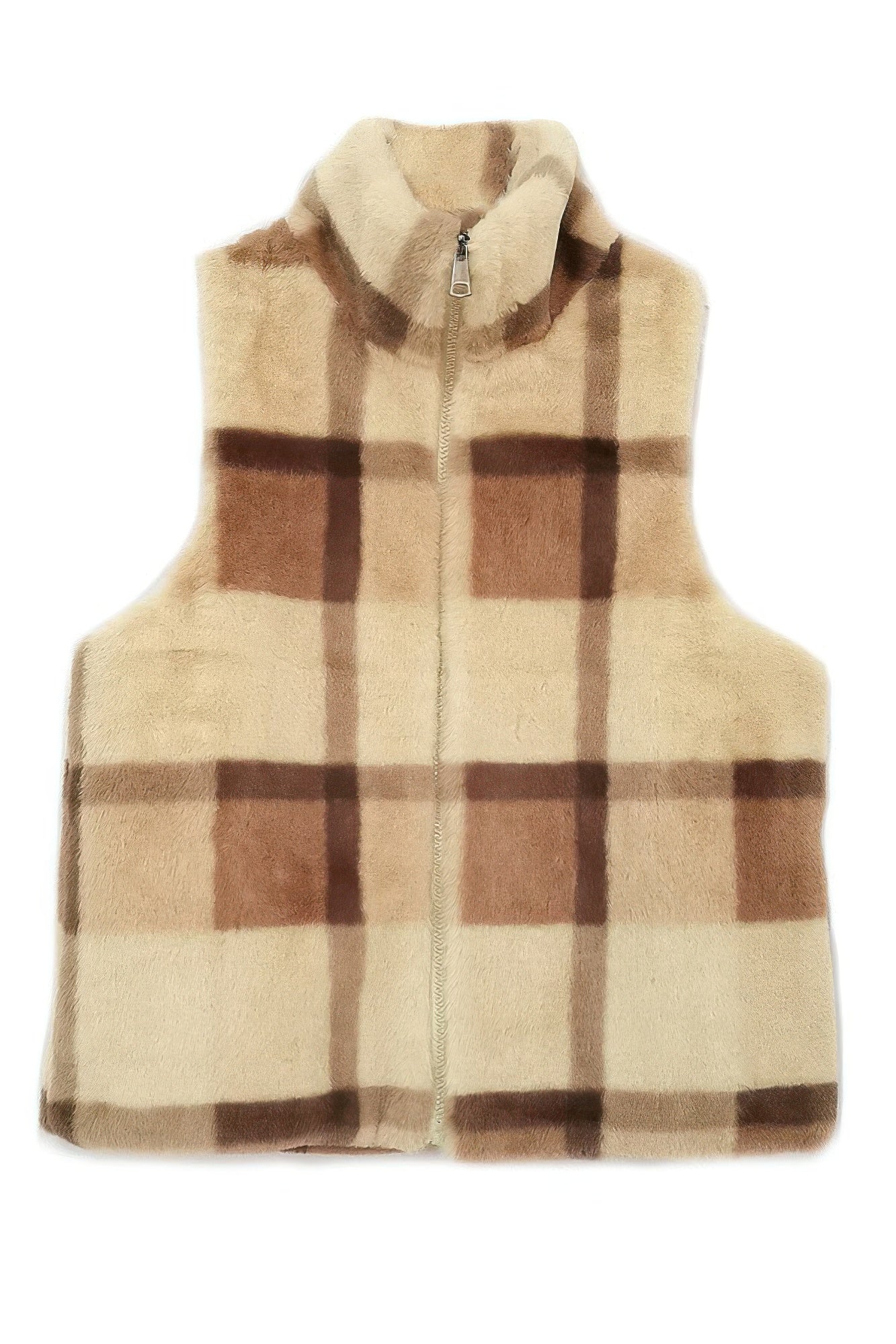 Women's Plaid Faux Fur Zip-Up Vest in Multi-Color - Image 7