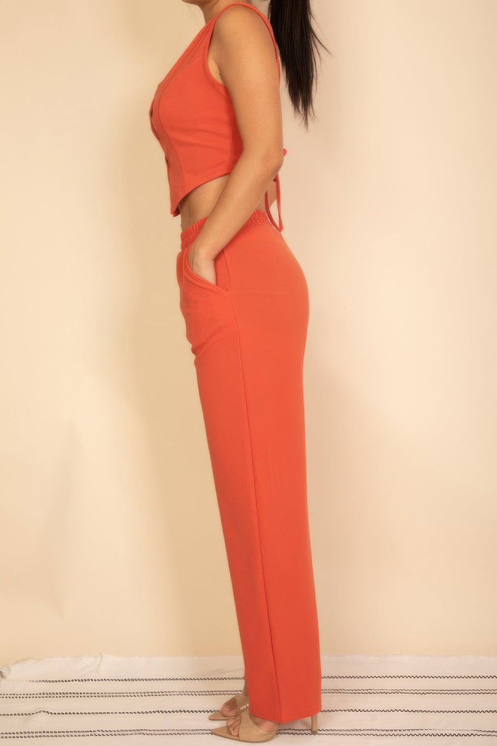 Tailored Button Vest With Adjustable Back Tie & Wide Leg Pants Set