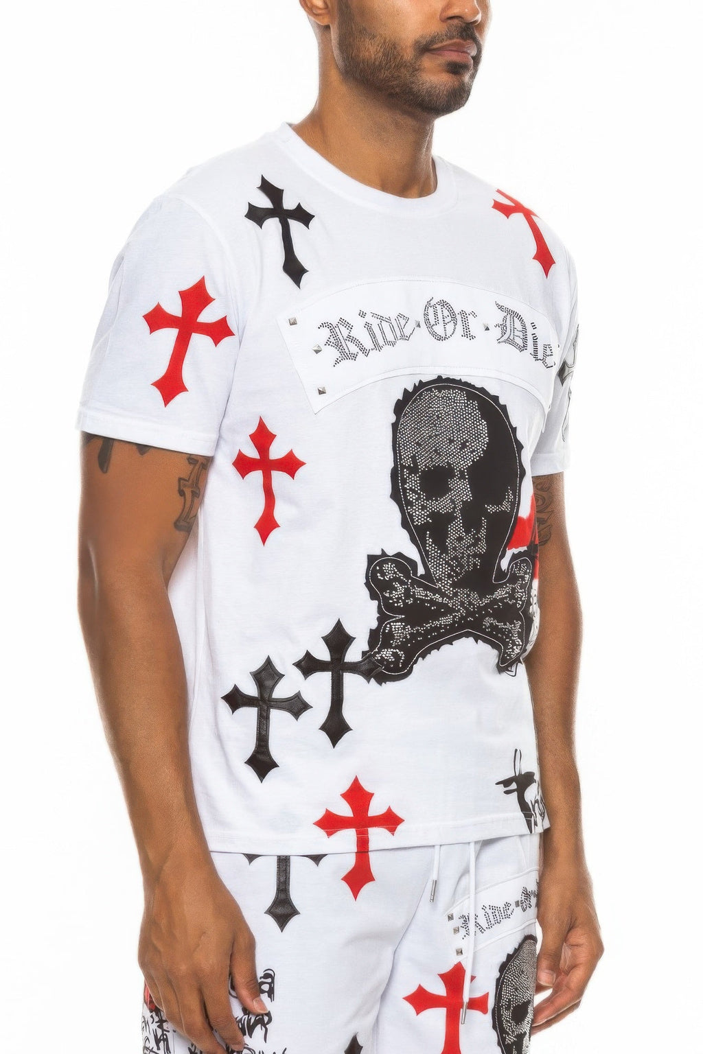 White Ride Or Die Graphic T-Shirt with Red and Black Cross Print - Image 2