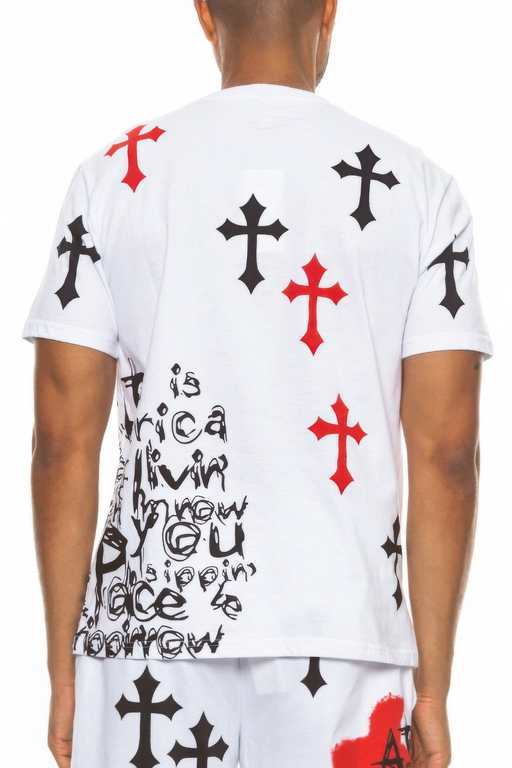 White Ride Or Die Graphic T-Shirt with Red and Black Cross Print - Image 3