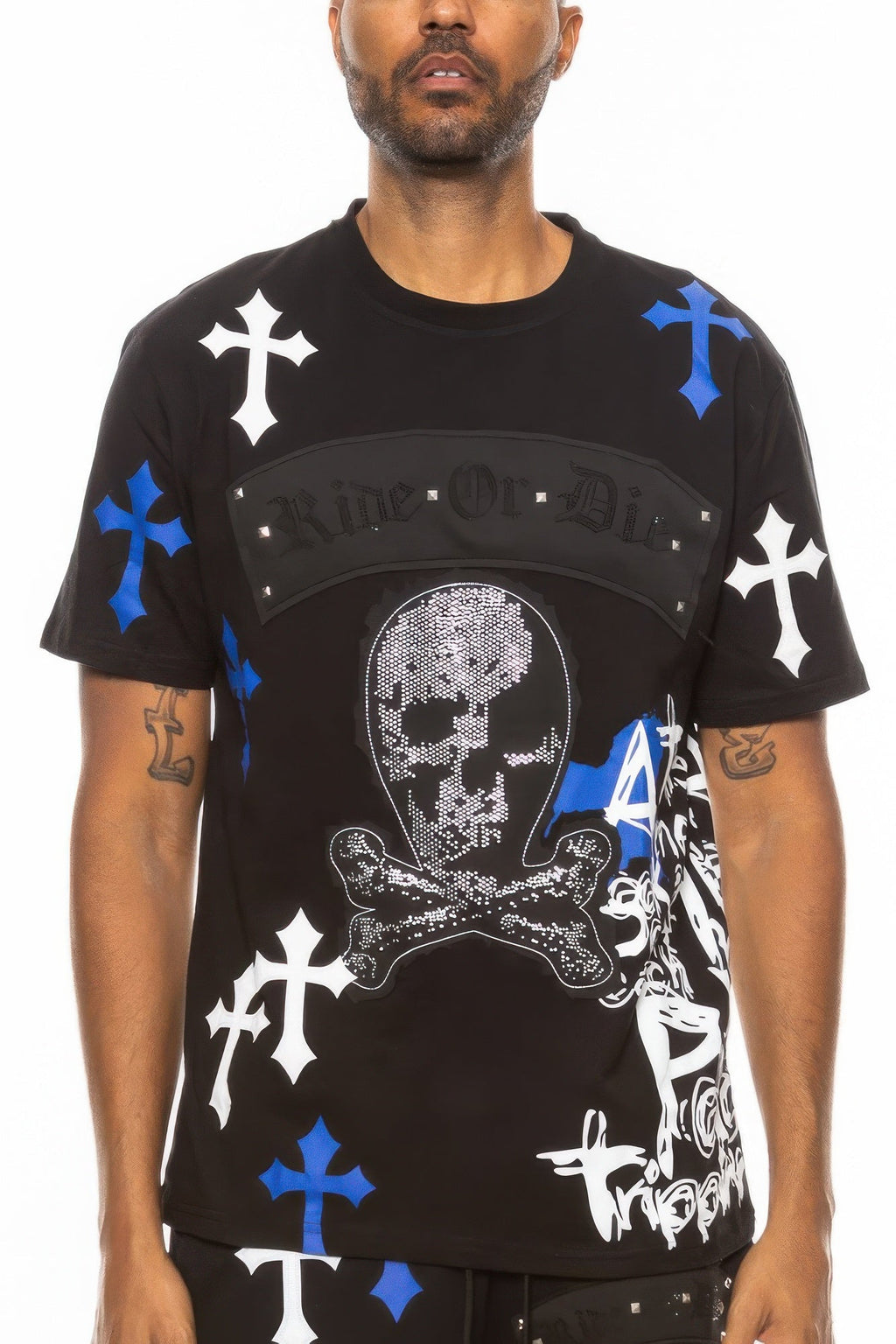 White Ride Or Die Graphic T-Shirt with Red and Black Cross Print - Image 4
