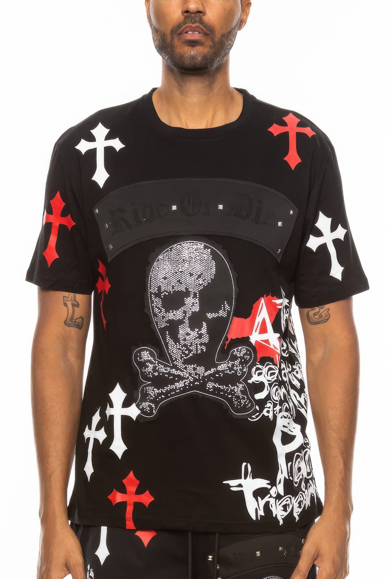 White Ride Or Die Graphic T-Shirt with Red and Black Cross Print - Image 5