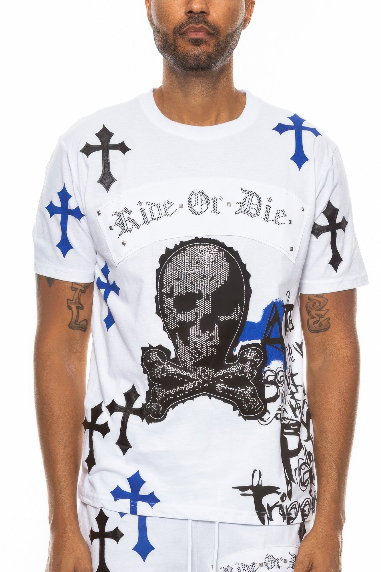 White Ride Or Die Graphic T-Shirt with Red and Black Cross Print - Image 6