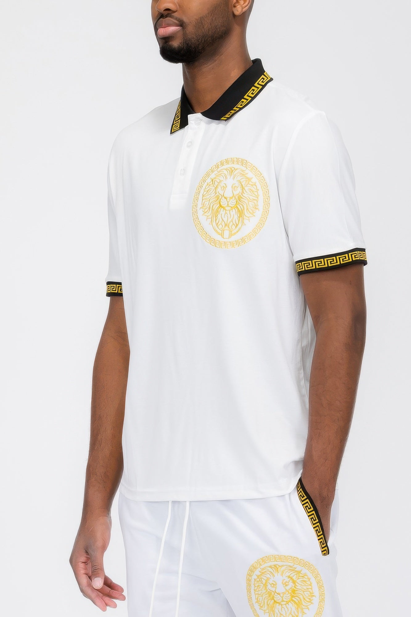 White Lion Head Print Polo Shirt with Gold Greek Key Trim - Image 2