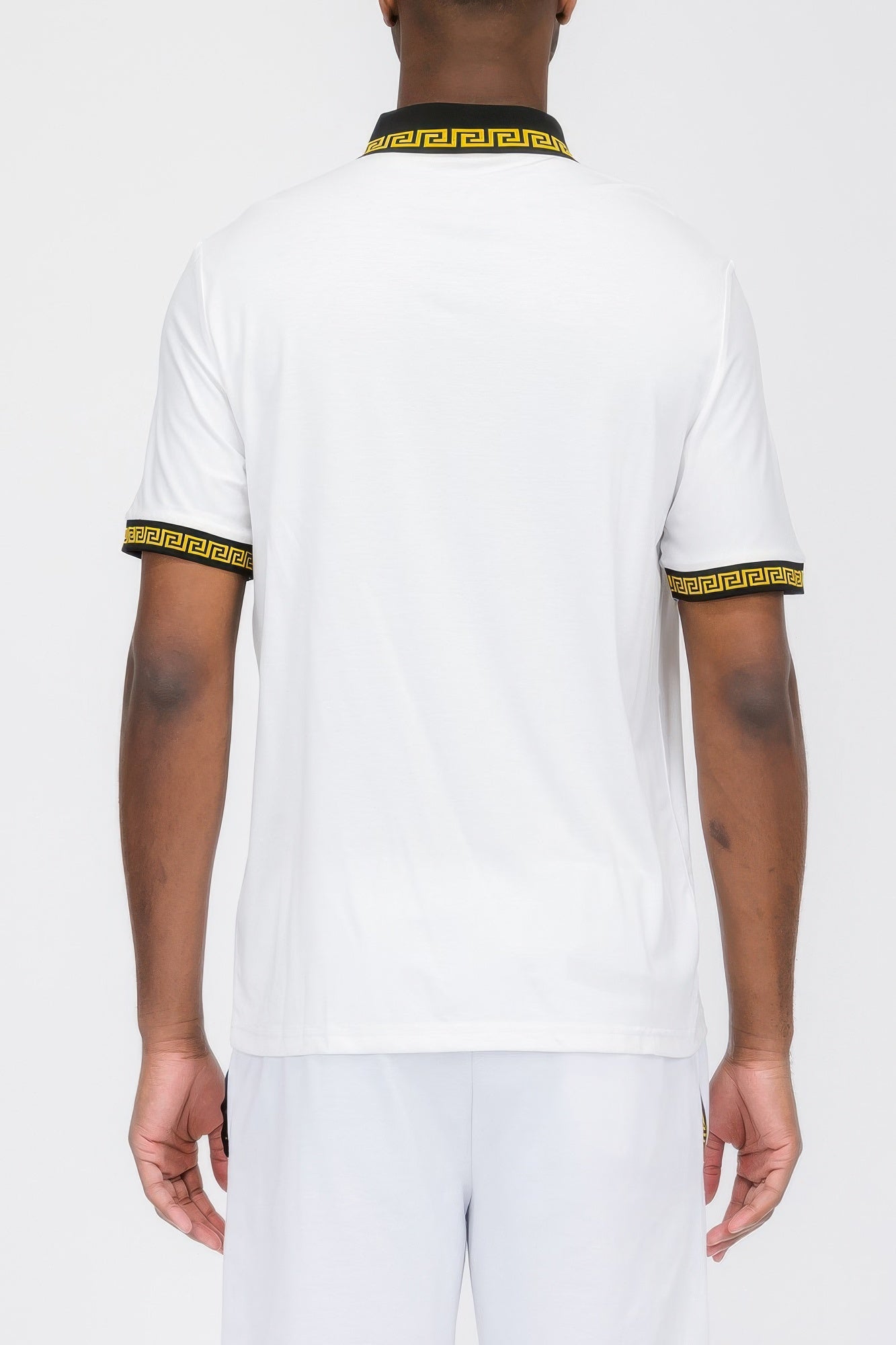 White Lion Head Print Polo Shirt with Gold Greek Key Trim - Image 3