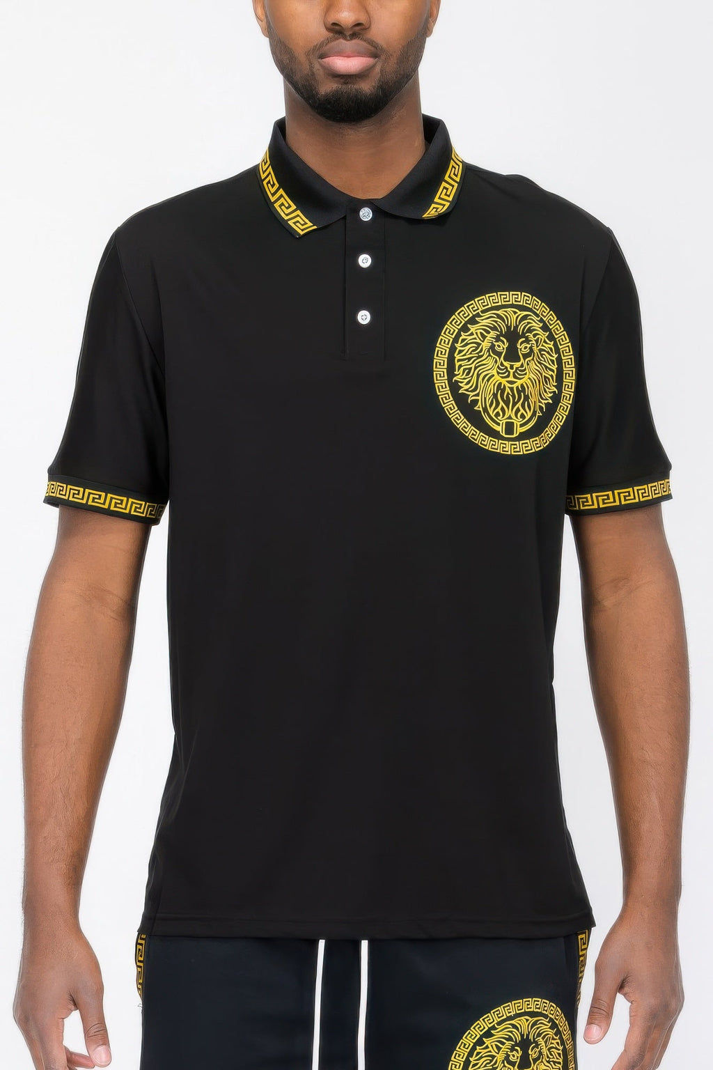 White Lion Head Print Polo Shirt with Gold Greek Key Trim - Image 4