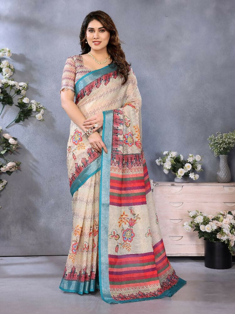 Cream Handloom Linen Cotton Saree for Everyday Elegance