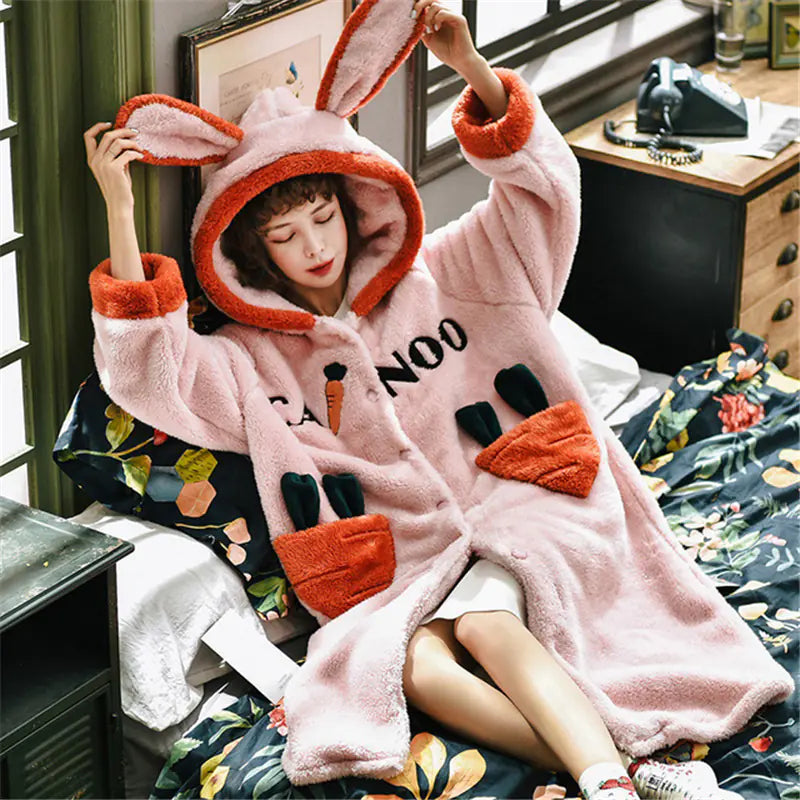 Hooded Coral Fleece Kimono Robe for Women