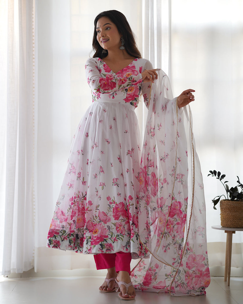 White floral print organza silk Anarkali gown with Kali-cut detailing