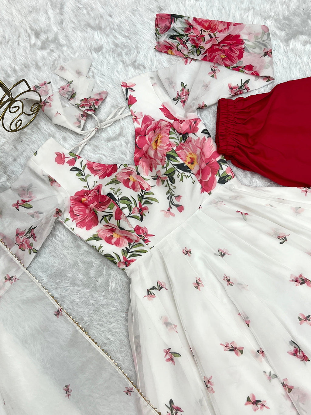 Women's White Floral Organza Silk Anarkali Gown Set