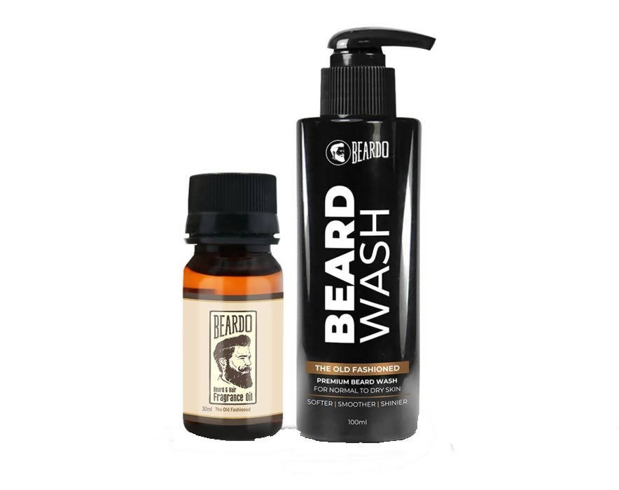 The Old Fashioned Beard Oil and Beard Wash combo set with minimalist black and amber packaging.