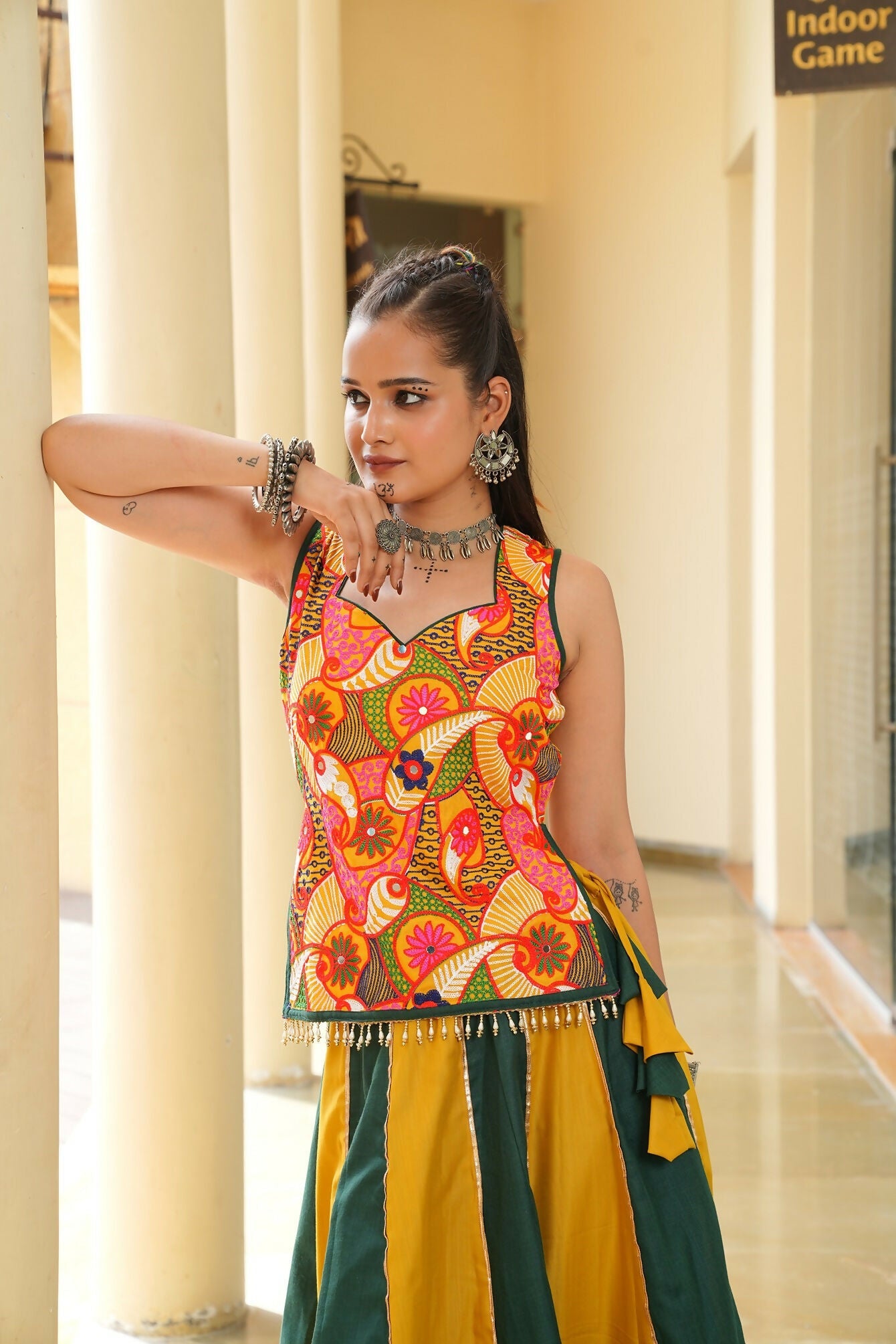 Mustard & Green Cotton Designer Lehenga Choli for Navratri
