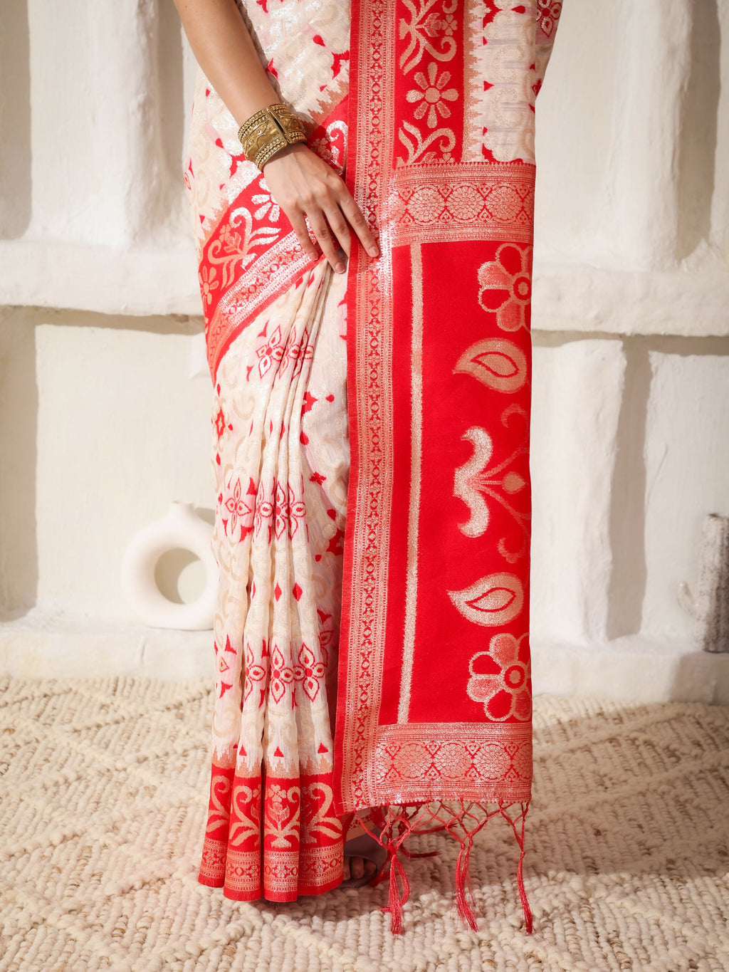 Linen Cotton Red and White Saree with Matching Blouse
