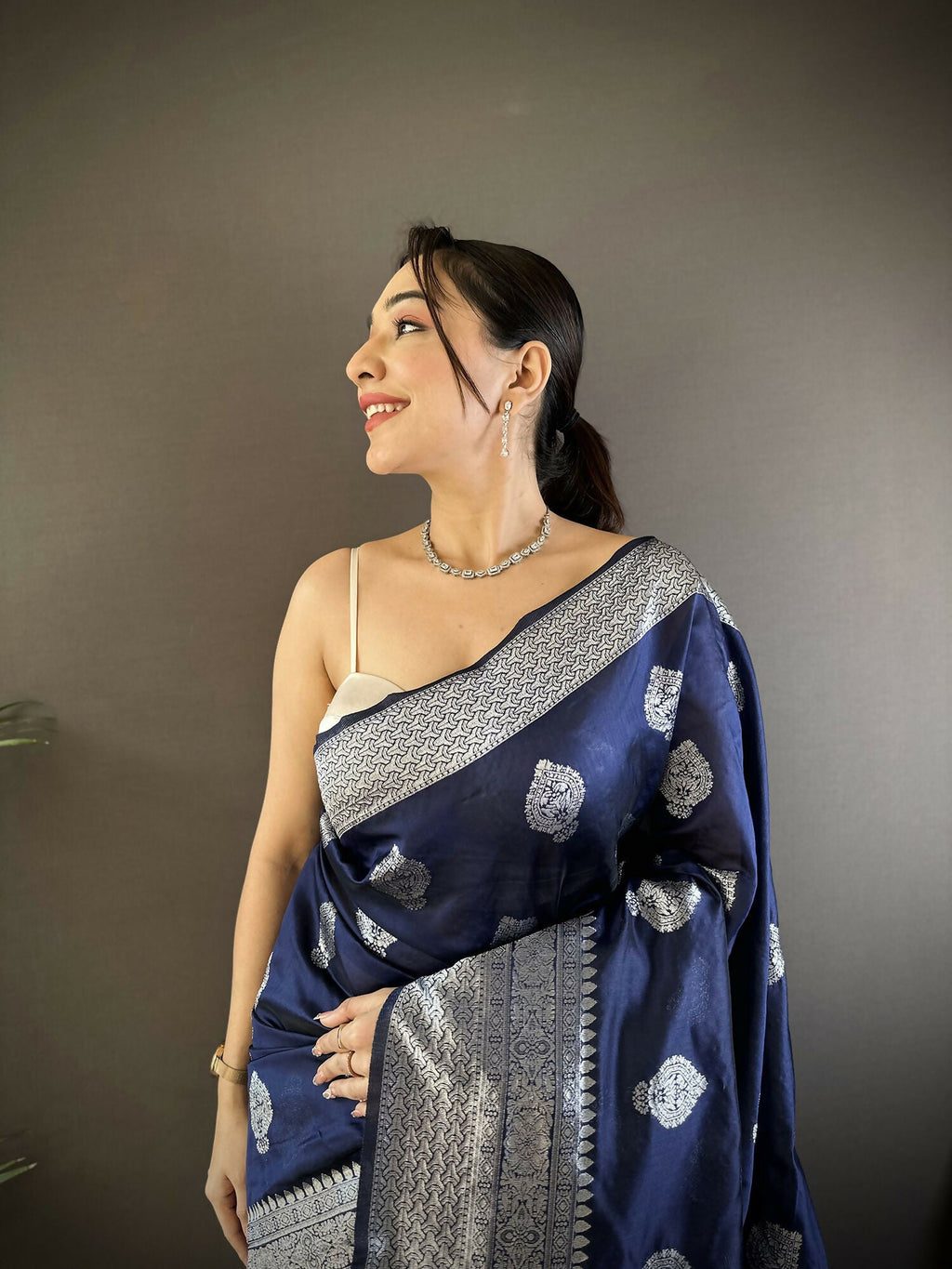 Navy Blue Floral Soft Silk Banarasi Saree with Matching Blouse