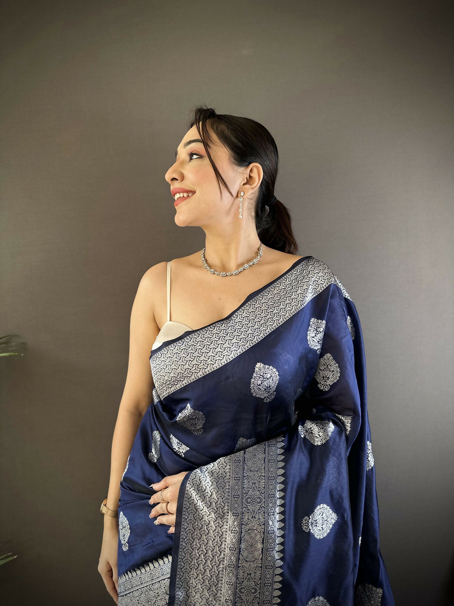 Navy Blue Floral Soft Silk Banarasi Saree with Matching Blouse